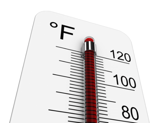 A close-up of a thermometer showing high temperatures, with the reading in Fahrenheit indicating over 100 degrees. The thermometer has a sleek design and is placed against a transparent background.