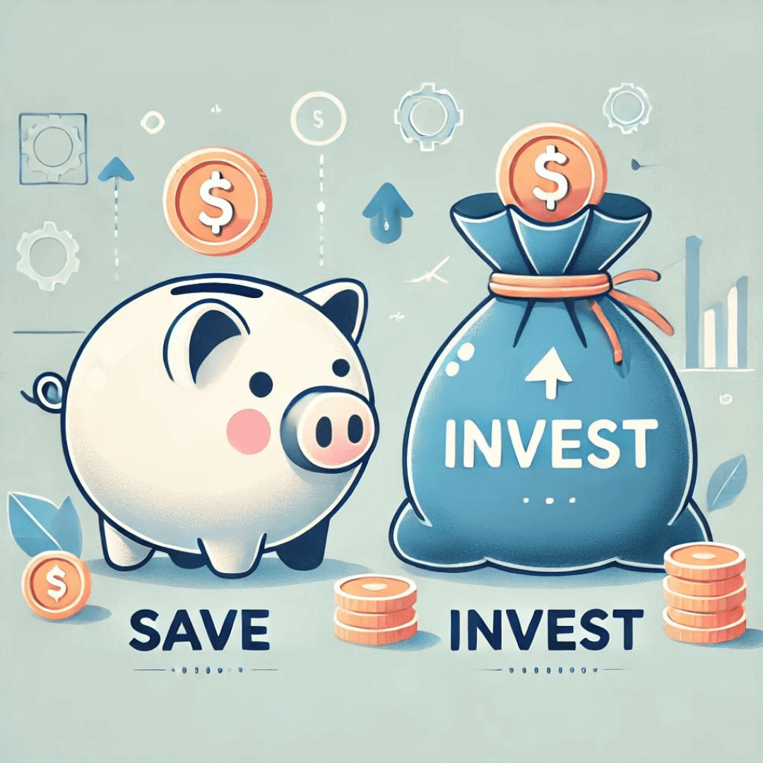 Understanding the Key Differences Between Saving and Investing - Illustration of a piggy bank labeled 'Save' next to a large sack of money labeled 'Invest.' Coins are shown being deposited into both the piggy bank and the sack, symbolizing the concepts of saving and investing. The background features upward-pointing arrows, gears, and financial icons, emphasizing growth and financial planning.