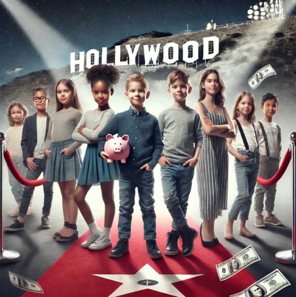 Group of confident kids standing on a red carpet in front of the Hollywood sign, with one child holding a piggy bank, symbolizing financial growth and future success. Money bills are scattered around, representing financial opportunities.