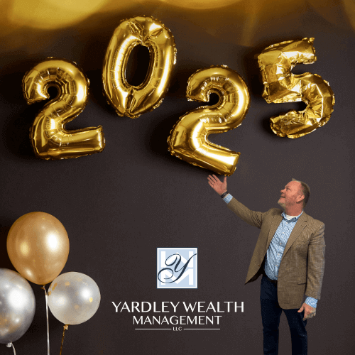 Yardley Wealth Management advisor celebrates financial goals 2025 with golden number balloons and branding